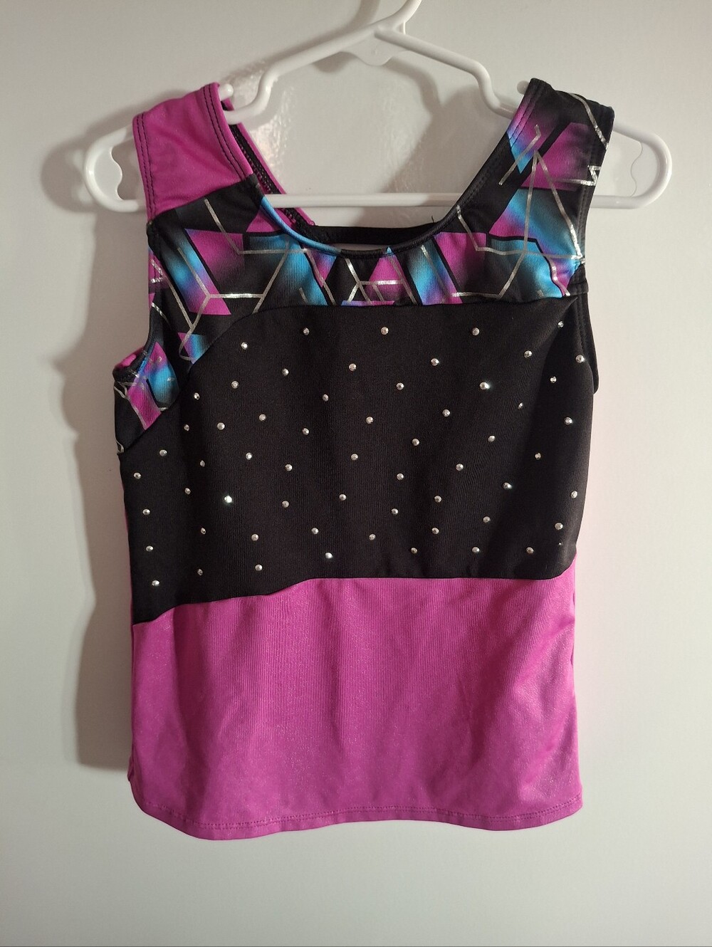 Danskin Pink and Black Rhinestone Gymnastics Tank with Geometric Accent